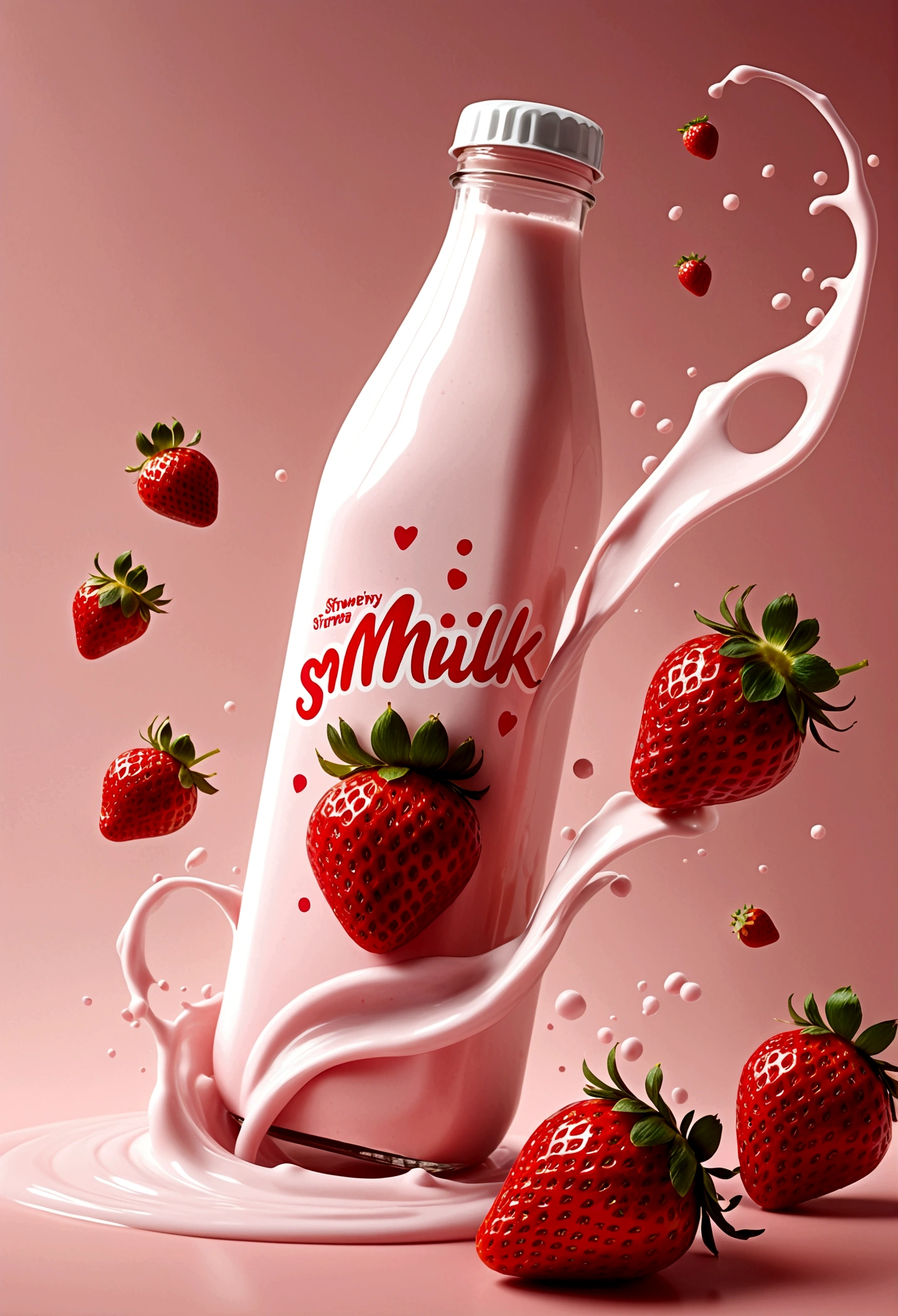 strawberry milk bottle, strawberries flying around. design