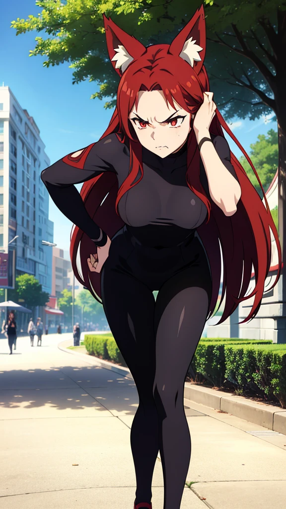 1girl ,20s,angry face,black bodysuit,(red hair),long hair,fox ears,leaning forward, adjusting hair, sunny, park, sidewalk,