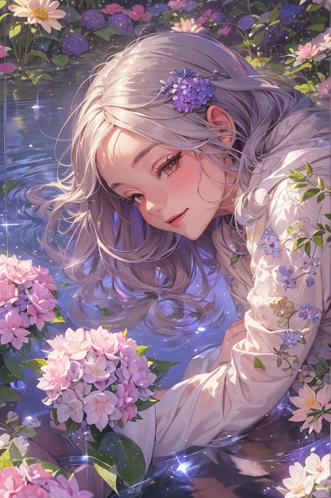 nsfw,(best quality, masterpiece, ultra highres, ultra-detailed:1.2) , (a teen girl wearing hydrangea pattern clothes),detailed face,cute face,walking at park,A dreamy, fairy-tale-like atmosphere. Based on soft light and pastel colors.A flower garden full of beautiful flowers. There are large ancient trees with small lanterns hanging from their branches. There are ponds and streams, and the water is clear and emits a magical blue light. There are small rainbows and fantastic cloud shapes floating in the sky.The entire space is enveloped in warm tones by the soft light of the morning sun and sunset. Adds the effect of dancing light particles. Emphasizes the light reflected on the water surface and trees, creating a sparkling effect.depth o field,portrait,