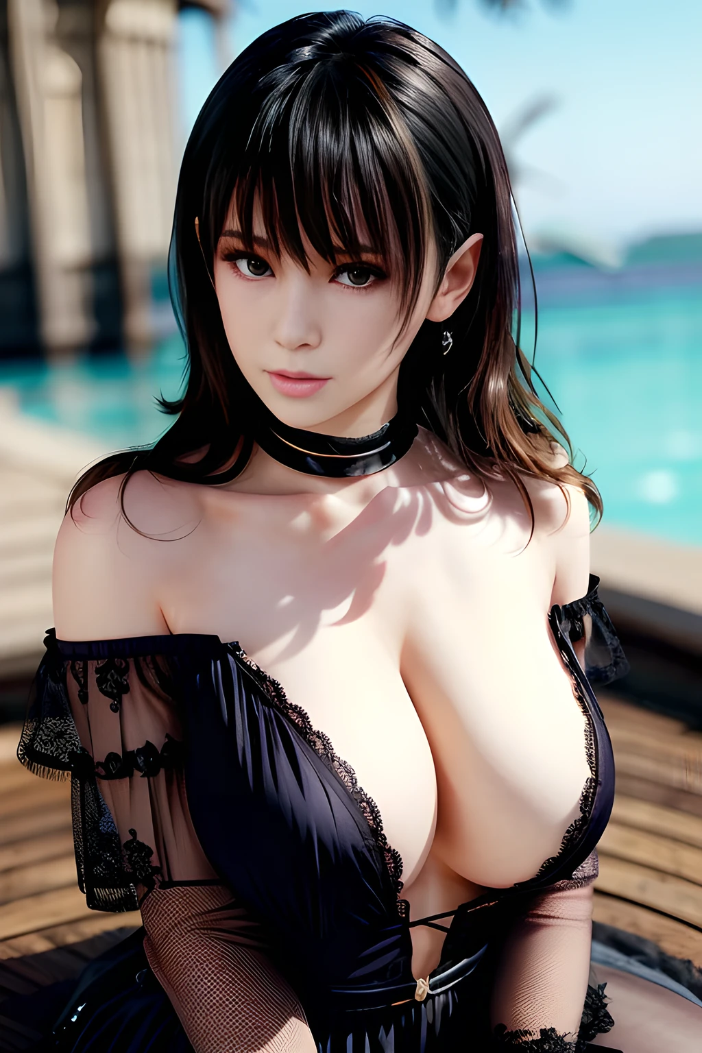 1girl,long sleeves, black dress, off shoulder, bare shoulders, long dress, see-through, tulle dress, , huge breasts, lactation, starry background, elegance, magical atmosphere, (soft lighting:1.5), serene, graceful, beautiful detailed eyes, beautiful detailed lips, extremely detailed face, long eyelashes, (best quality, 4k, 8k, highres, masterpiece:1.2), ultra-detailed, (realistic, photorealistic, photo-realistic:1.37), vibrant colors, focus on thighs and above,Nanami