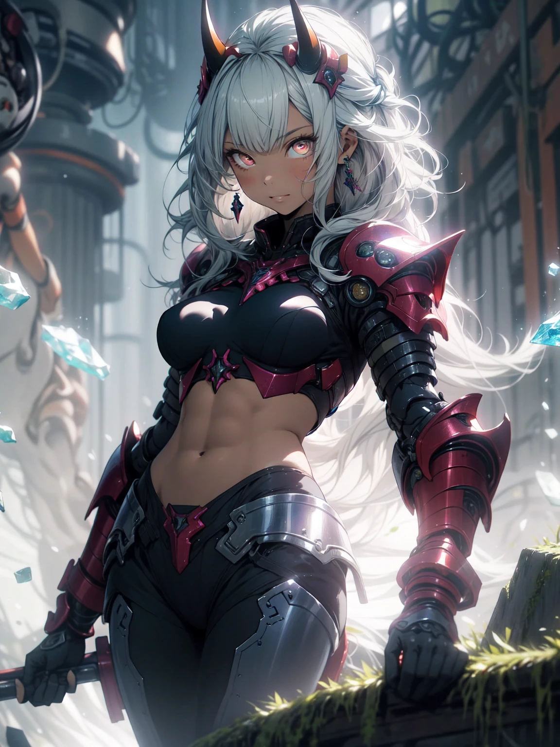 Create an image of the most stunningly gorgeous beautiful wicked oni shion, Stunningly gorgeous perfect face, perfect makeup, detailed perfect silky smooth skin texture, detailed hour glass body figure, very long styled hair, shion armor spike,