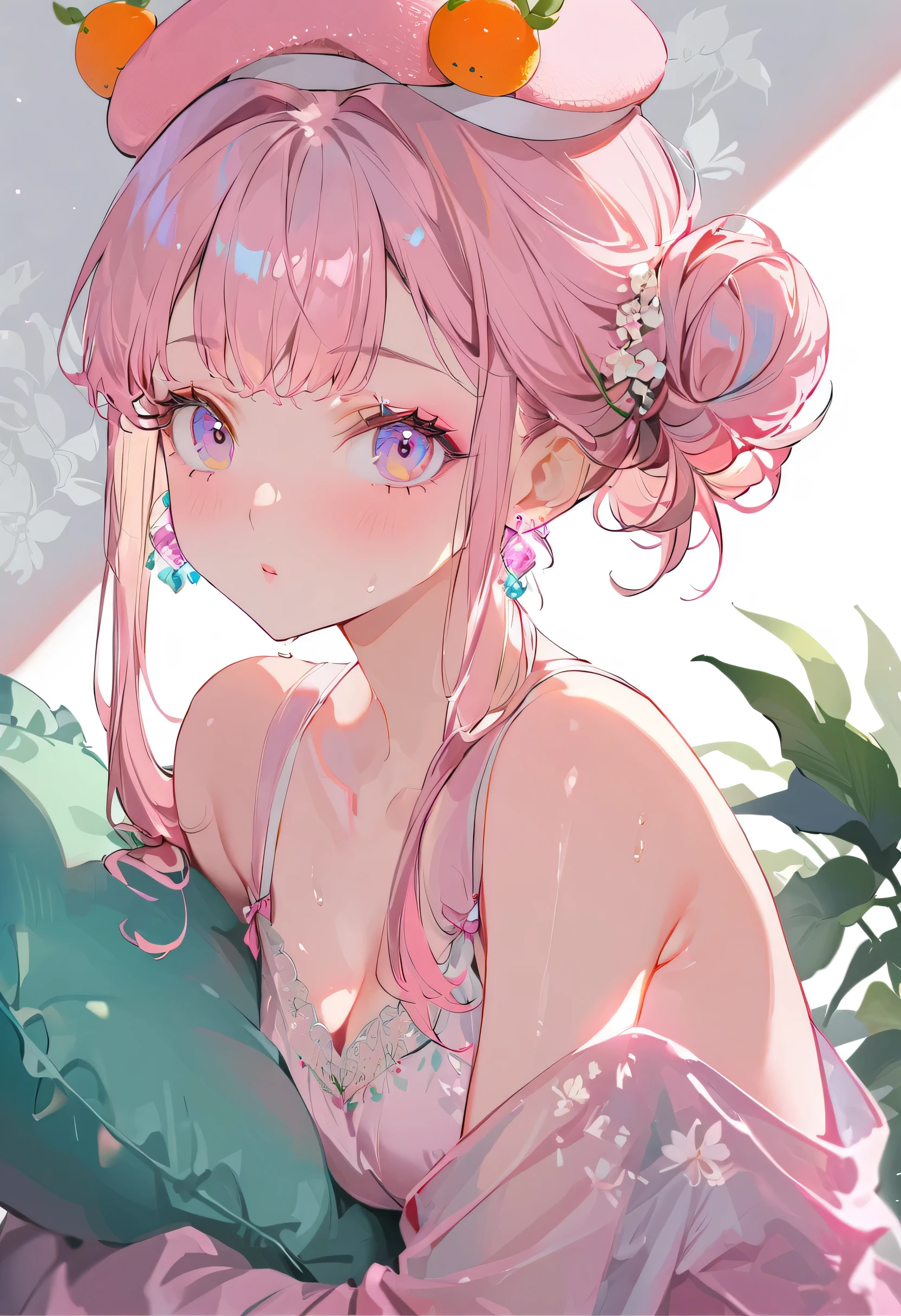 ((Two girlaid:1.5),(highest quality,Super detailed,High resolution:1.2)、Glass mandarin orange earrings decorate both ears、((One of them is a short-haired redhead wearing a crab hat.))、One of them has ocean pink red eyes、((Two beautiful girls with perfect faces))、((One of them is a girl with long purple hair in a bun and wearing a tangerine hat.))、One of them has ocean pink purple eyes、very_Long eyelashes, Detailed lips, A radiant smile, Holding hands、Soft Skin, Shiny Hair,Vibrant Background, Natural light,The cutest girl in the world,Exquisite makeup,Pouting、((Hugging on a cushion))、Sit down, long hair、Bun hairstyle Beautiful, translucent white skin、Wet purple dress、Pink underwear is visible、Pink bra is visible through、Pink pants show through、quality\(8K,Highly detailed CG unit wallpaper, masterpiece,High resolution,top-quality,top-quality real texture skin,Super two-dimensional,Increase the resolution,RAW Photos,highest quality,Very detailed,wallpaper,Ray-tracing,Golden Ratio\),[Browsing Caution]