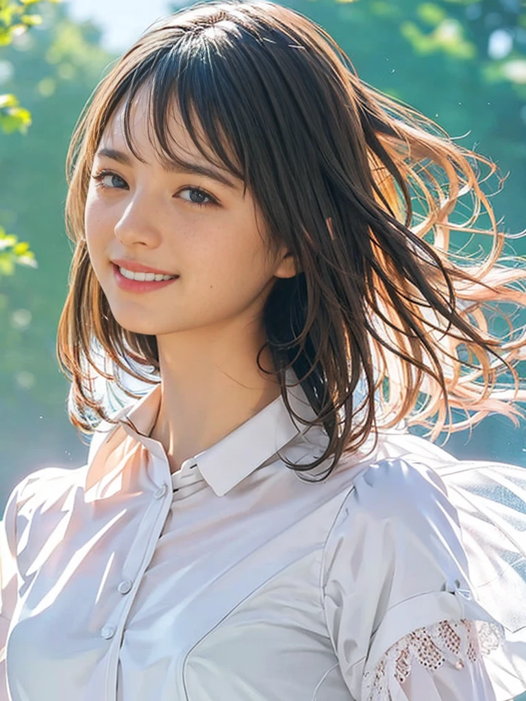 raw photo, 1girl, medium breast, collared blouse, White blouse、light smile, detailed skin, pore, simple background, anatomically correct、Upper body、White blouse、, photorealistic, masterpiece, best quality, UHD