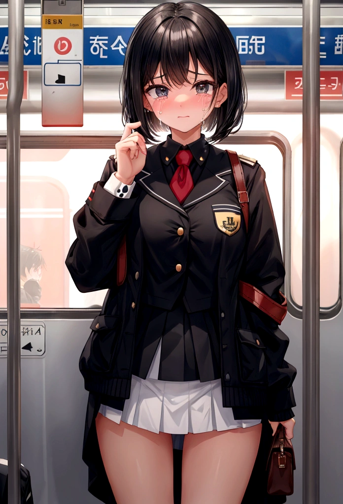 Black Hair Shortcuts uniform crowded train mini skirt White panties Holding back tears