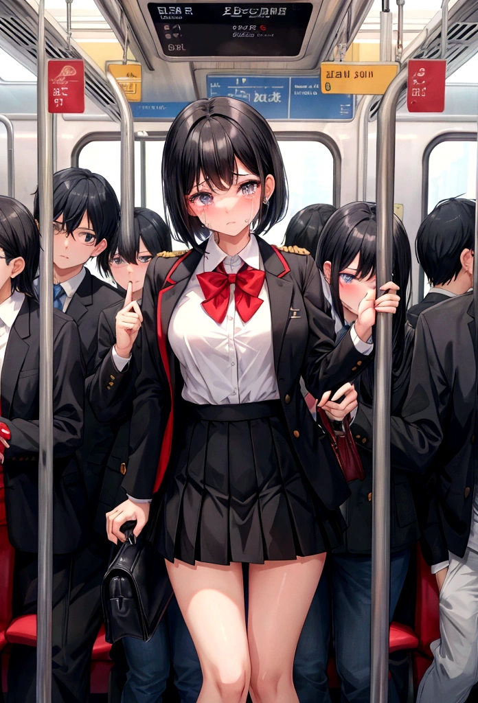 Black Hair Shortcuts uniform crowded train mini skirt White panties Holding back tears