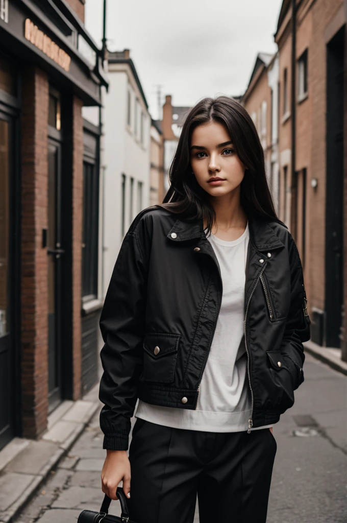 Photography of a 20 year old woman, perfect face, Masterpiece, good, underwear, black_good, jacket, black_trousers