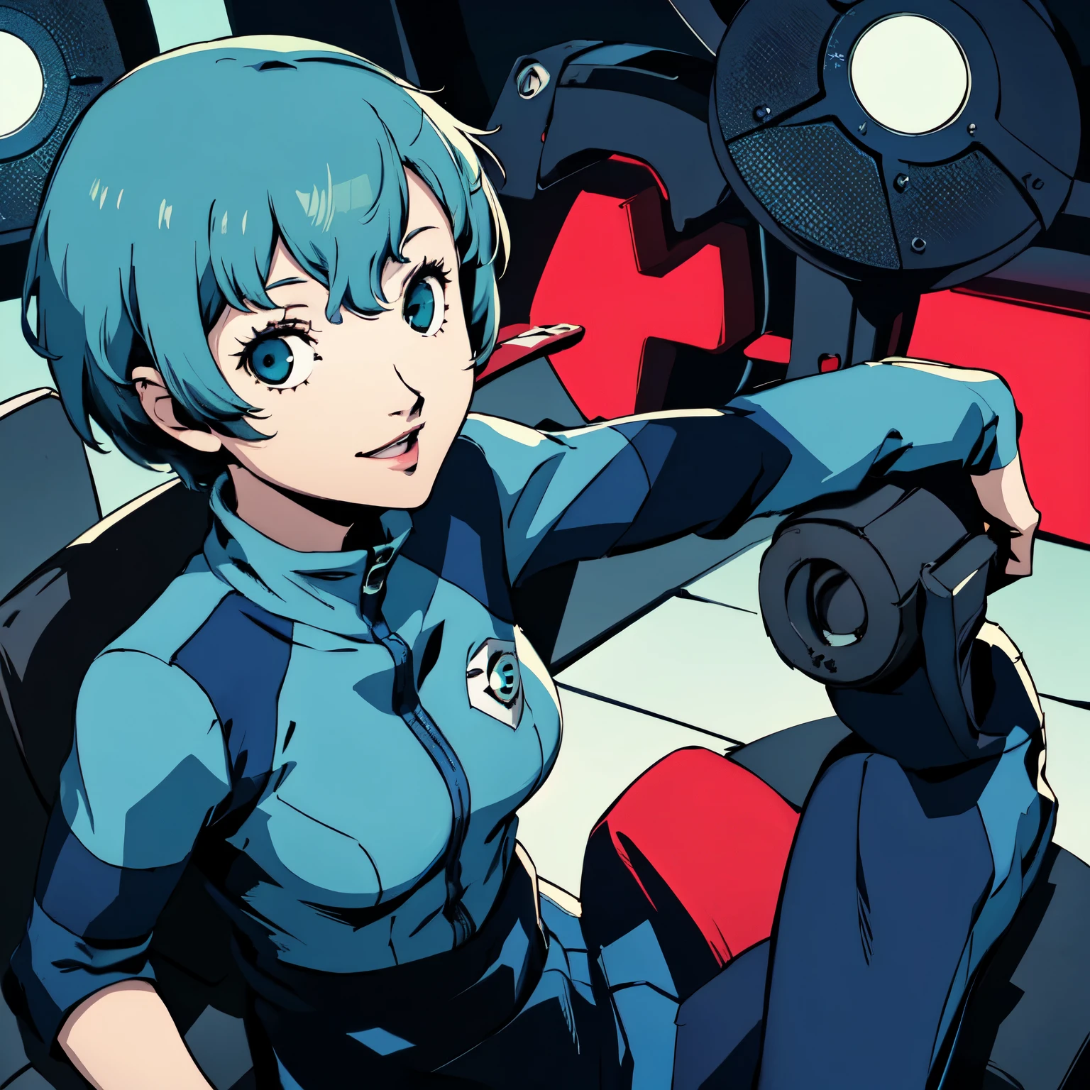 ((P3 Yamagishi Fuuka)),masterpiece, ((best quality)),((1 girl)), blue eyes, light aqua hair, female , tomboy Pixie haircut, deep blue suit,smiling,hacker,in the,dark room,sitting,looking monitor,long skirt,(bimbo),sexy