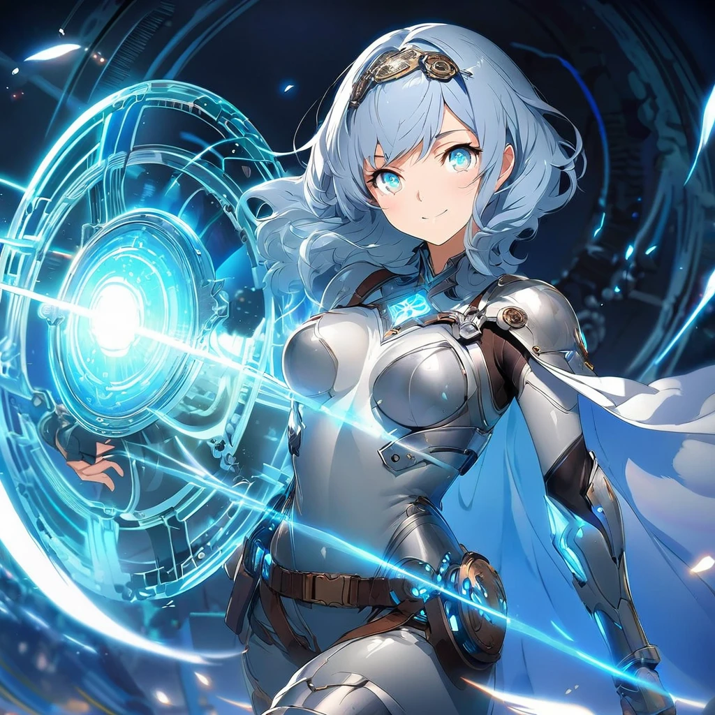 Create an image of a gentle girl with short, silvery-blue hair styled in a slightly tousled yet elegant manner, (nude:0.8), wearing a sleek, form-fitting bodysuit with glowing circuit-like patterns, high-waisted tailored pants, and mid-calf armored boots. She has armored gauntlets with steampunk gears and LED lights, fingerless gloves with embedded crystals, and a delicate metallic headband with luminescent gems. She also has a lightweight, semi-transparent cape with glowing threads and a utility belt with small pouches. The girl has a kind expression with soft, warm eyes and a gentle smile. She is generating a large, translucent energy shield with intricate glowing patterns that shimmers with blue light, protecting herself and an area around her. She stands in a dynamic yet gentle pose, one hand outstretched towards the viewer as if directing the shield, the other hand resting gently by her side, with one leg slightly bent. The background is dark and dramatic, with hints of blue light and energy waves illuminating the scene, detailed gorgeous face| anime style| key visual| intricate detail| highly detailed| breathtaking| vibrant| panoramic| cinematic| Carne Griffiths| Conrad Roset| gibbli 8