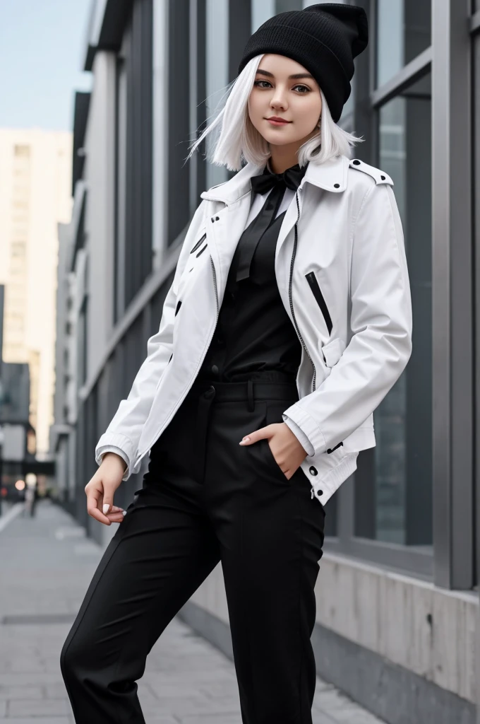 A girl 1m68 tall, 19 years old, short white hair, black eyes, wearing a black beanie, black jacket, black tie, black pants, white shoes and very pretty, cute with big breasts and weighing 54 kg .