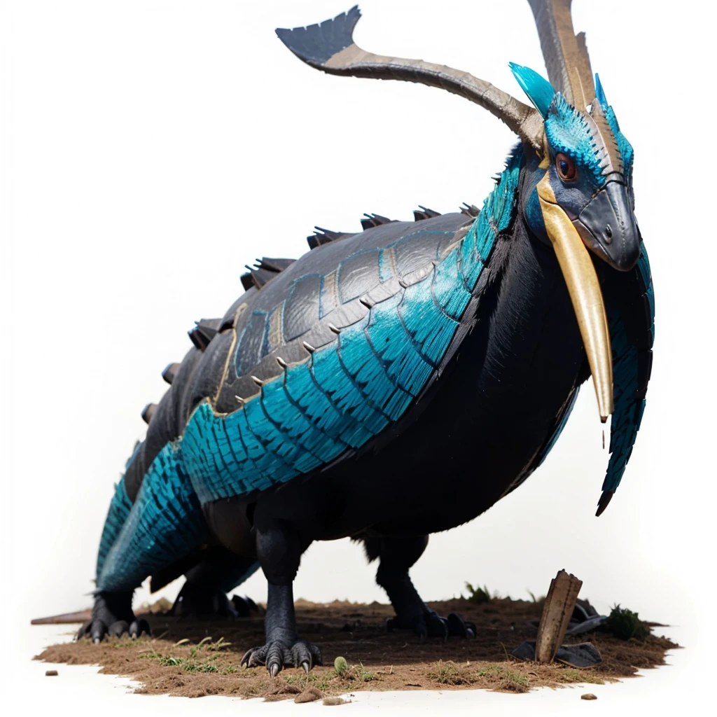 Big Animaly, has grees stripes on his skin, golden eyes, cassowary mixed with stegosaurus, Grassroots, no background