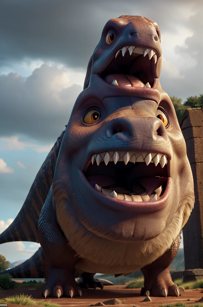 a gigantic tyrannosaurus rex dinosaur, realistic, photorealistic, highly detailed, ultra-detailed, 8k, 4k, best quality, masterpiece, cinematic lighting, dramatic shadows, vibrant colors, realistic scales and skin texture, sharp focus, intricate musculature, powerful jaws, massive teeth, piercing eyes, in a prehistoric landscape, lush foliage, ancient trees, dramatic sky, moody atmosphere