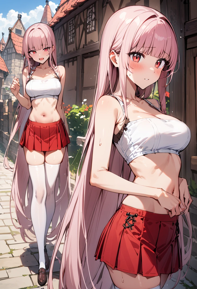 ((masterpiece,Highest quality:1.3)),1woman,30 year old beauty,独奏,((very small head:1.3)),red hair,long hair,blunt bangs,red eyes,gorgeous eyes,shy,medium breasts,((very long body:1.3)),((toned body,slender body,)),skinny,gleaming skin,shiny skin,sweat,((Red pleated mini skirt)),(White tube top、navel、bara shoulder, white_thighhighs),((Red mini skirt))、Casual wear、walk、rural area、sunny、Medieval Europe、