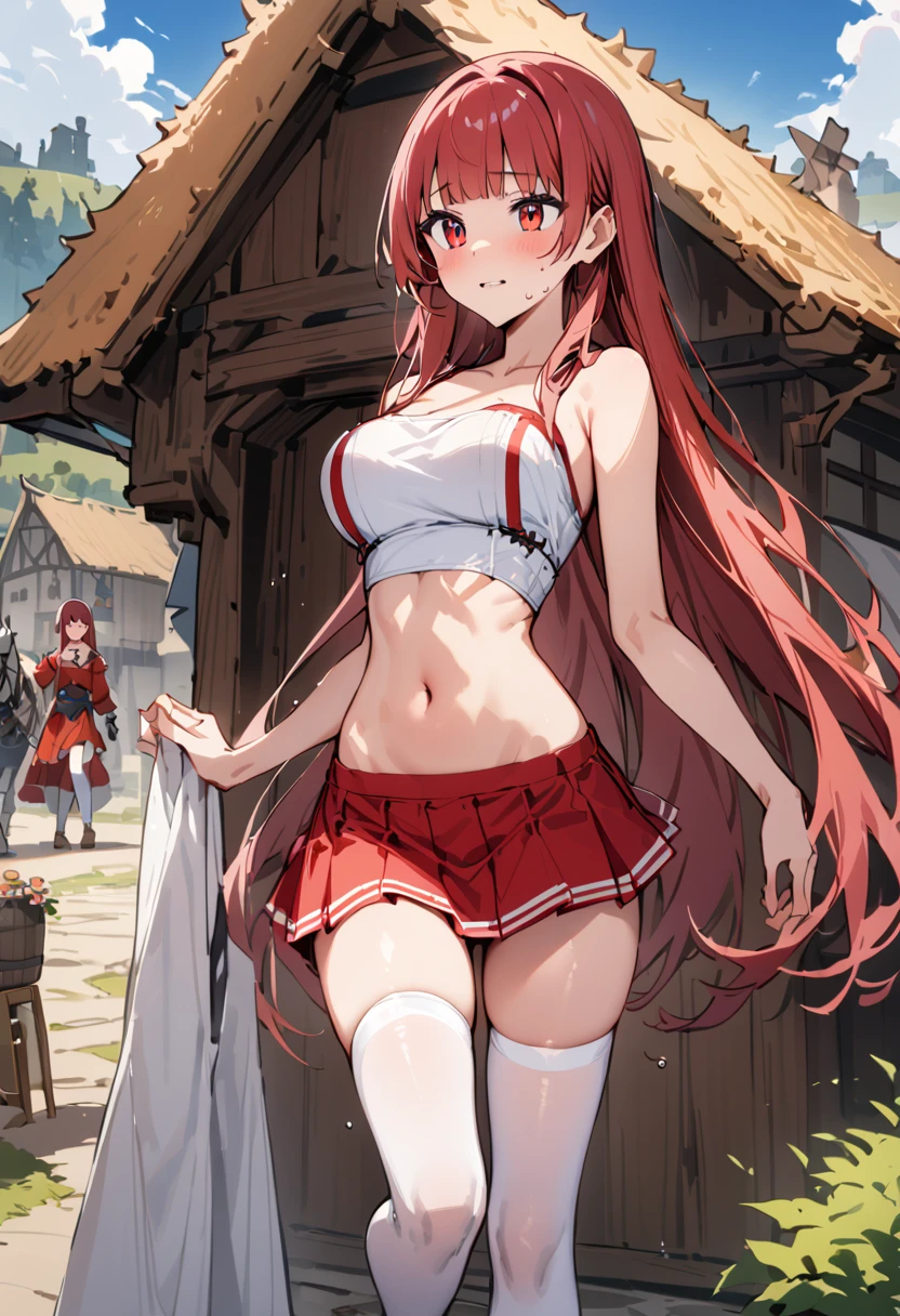 ((masterpiece,Highest quality:1.3)),1woman,30 year old beauty,独奏,((very small head:1.3)),red hair,long hair,blunt bangs,red eyes,gorgeous eyes,shy,medium breasts,((very long body:1.3)),((toned body,slender body,)),skinny,gleaming skin,shiny skin,sweat,((Red pleated mini skirt)),(White tube top、navel、bara shoulder, white_thighhighs),((Red mini skirt))、Casual wear、walk、rural area、sunny、Medieval Europe、