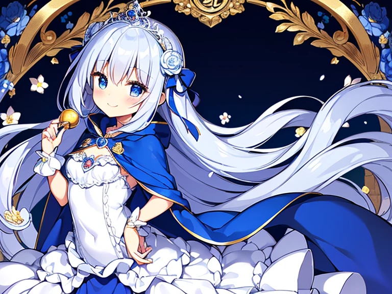 looking at viewer,(kawaii),(best quality),(ultra detailed), upper body,(rococo style),(long train blue cape:1.15), very long cape,(long train white ball gown with flower decorations:1.1), a girl is wearing a cape over her gown, 1 little princess, tiara, smile, very long hair, small breasts