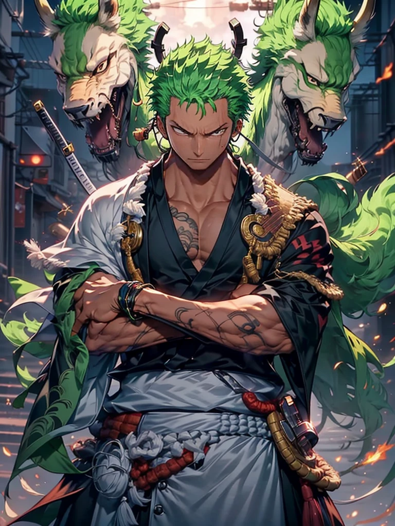 Zoro, standing alone, Looking at Viewer, sorrido, short hair, Eyes red, 1st grade, holding, jewelries, upperbody, missiles, male focus, aretes, Japanese clothing, green haired, antlers, elsword, kimono, segurando missiles, from sideways, tatoo, Ablaze, cicatriz, segurando elsword, katana, scar on the face, scar on eye, Detailed muscle physique, photorealistic representation, 4k resolution. Background Story: Martial arts dojo,UHD 32k, best qualityer, master part, super detaill, High details, ((strong man)).