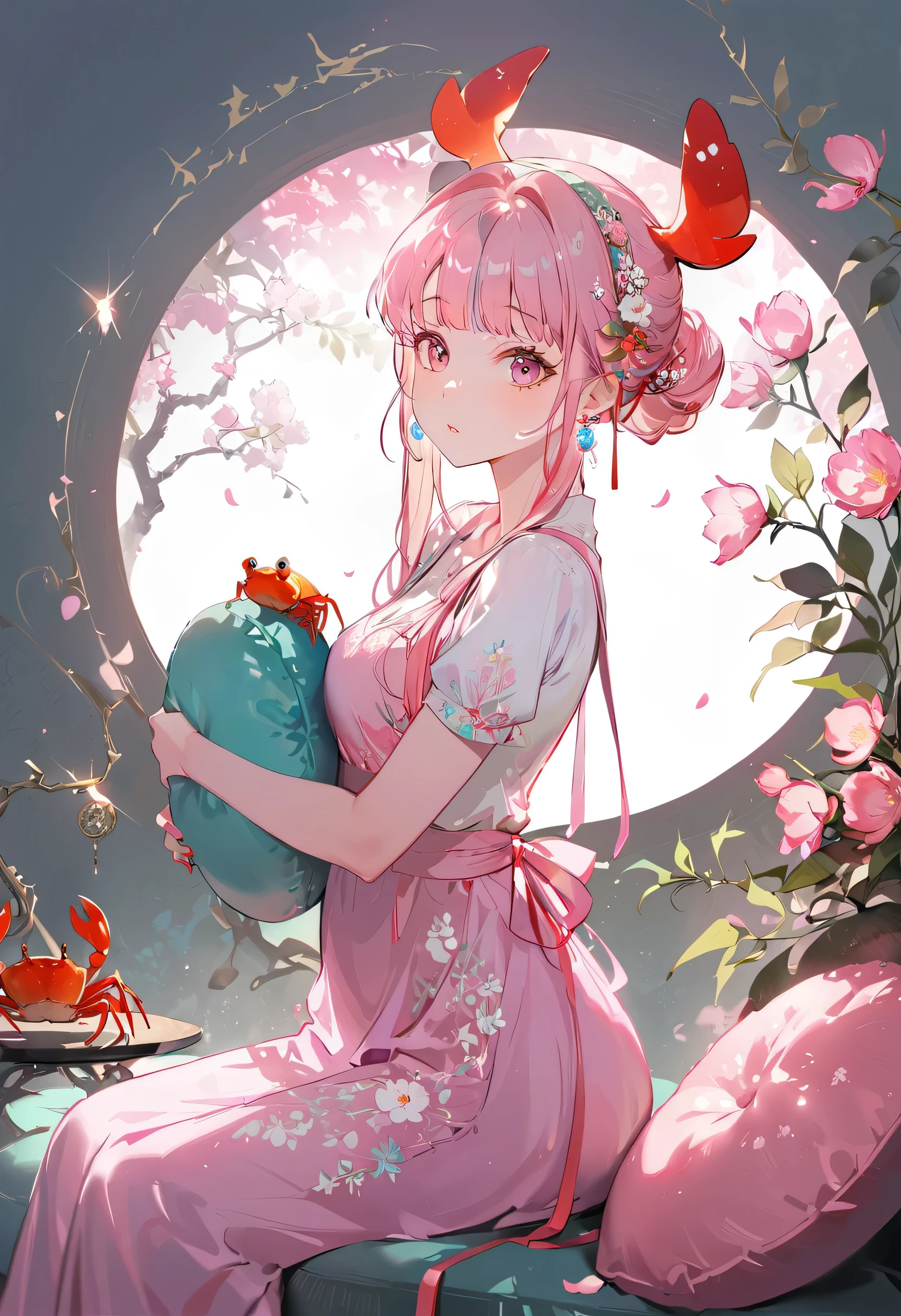 ((Two girls))、(Maid:1.5),(highest quality,Super detailed,High resolution:1.2)、Glass mandarin orange earrings decorate both ears、((One of them is a short-haired redhead wearing a crab hat.))、One of them has ocean pink red eyes、((Two beautiful girls with perfect faces))、((One of them is a girl with long purple hair in a bun and wearing a tangerine hat.))、One of them has ocean pink purple eyes、very_Long eyelashes, Detailed lips, A radiant smile, Holding hands、Soft Skin, Shiny Hair,Vibrant Background, Natural light,The cutest girl in the world,Exquisite makeup,Pouting、((Hugging on a cushion))、Sit down, long hair、Bun hairstyle Beautiful, translucent white skin、Wet purple dress、Pink underwear is visible、Pink bra is visible through、Pink pants show through、quality\(8K,Highly detailed CG unit wallpaper, masterpiece,High resolution,top-quality,top-quality real texture skin,Super two-dimensional,Increase the resolution,RAW Photos,highest quality,Very detailed,wallpaper,Ray-tracing,Golden Ratio\),[Browsing Caution]