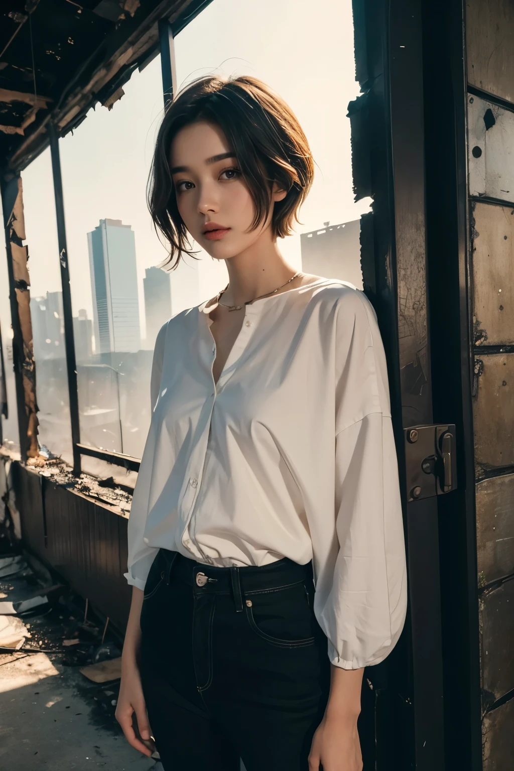 8K, masterpiece, A beautiful woman with short hair standing inside a burning building, Lookbook,