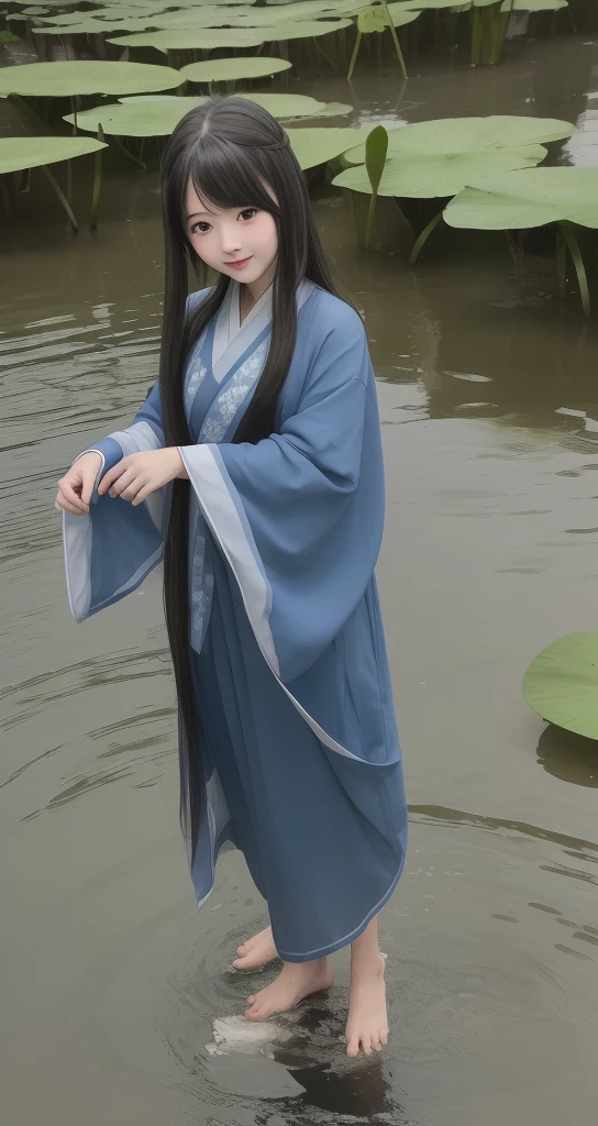 ((4k,masterpiece,best quality)), shuimobysim, traditional chinese ink painting, lotus,  hanfu, maxiskit, dress conservatively
1girl, solo, long blue hair, smile, standing, feet in the water, barefoot,
 