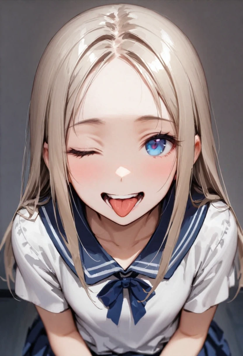 shoot from above、alone、headshot、Lick it with your tongue、Open your mouth wide、teeth、Close-up of face、primary school、School building、In the classroom、forehead、Open shoulder tops、Private Server、Girl、Girl、Short、Younger、Lower school year、Baby Face、flat chest、smile、Open one eye