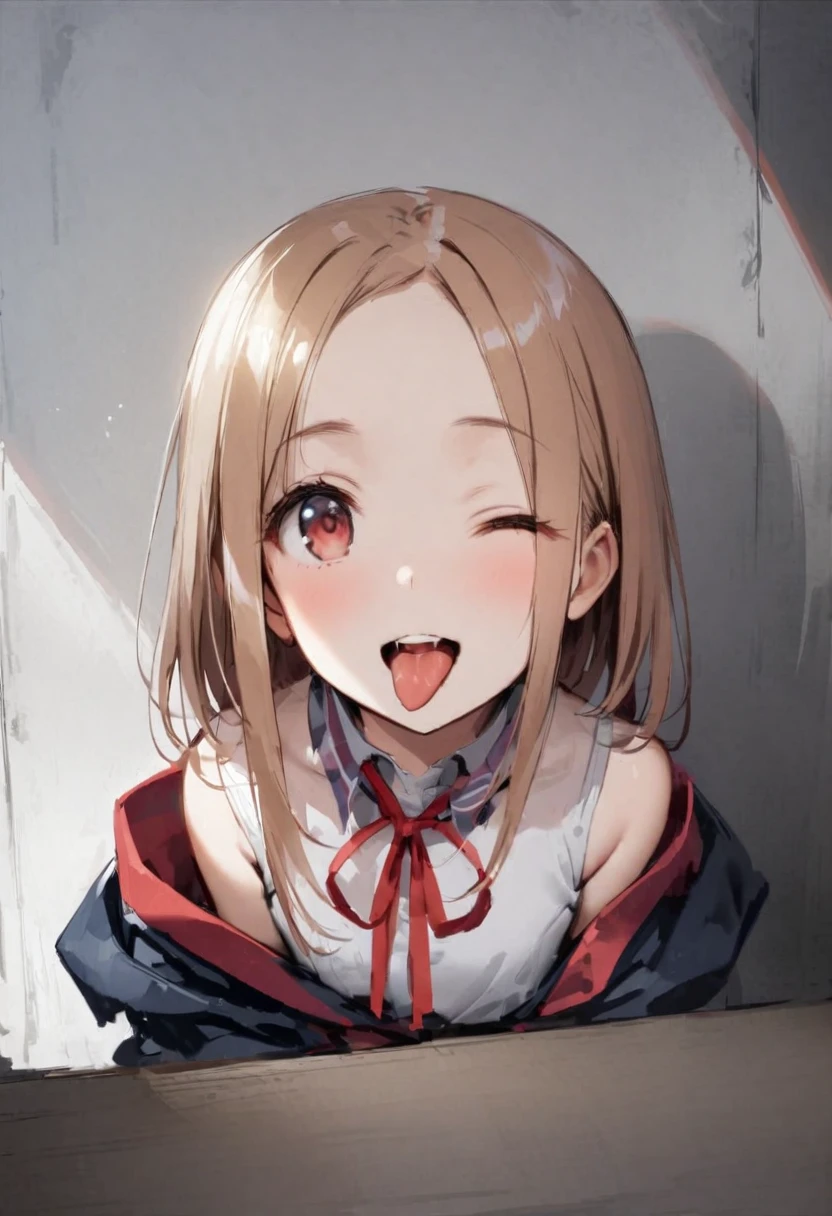 shoot from above、alone、headshot、Lick it with your tongue、Open your mouth wide、teeth、Close-up of face、primary school、School building、In the classroom、forehead、Open shoulder tops、Private Server、Girl、Girl、Short、Younger、Lower school year、Baby Face、flat chest、smile、Open one eye