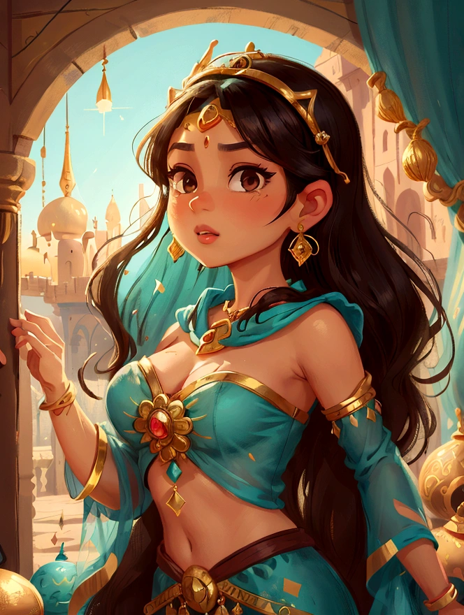 Create a close-up portrait in 4K resolution of Princess Jasmine from Disney's Aladdin, inspired by the tales of "One Thousand and One Nights." The portrait should capture her iconic features: her long, thick black hair, large almond-shaped brown eyes, and her confident and kind expression. Jasmine should be wearing her classic turquoise outfit with gold accents, including her jeweled headband. The background can include elements of an Arabian palace, such as ornate archways, intricate patterns, and lush fabrics. The lighting should be warm and magical, emphasizing the exotic and enchanting atmosphere of Agrabah.