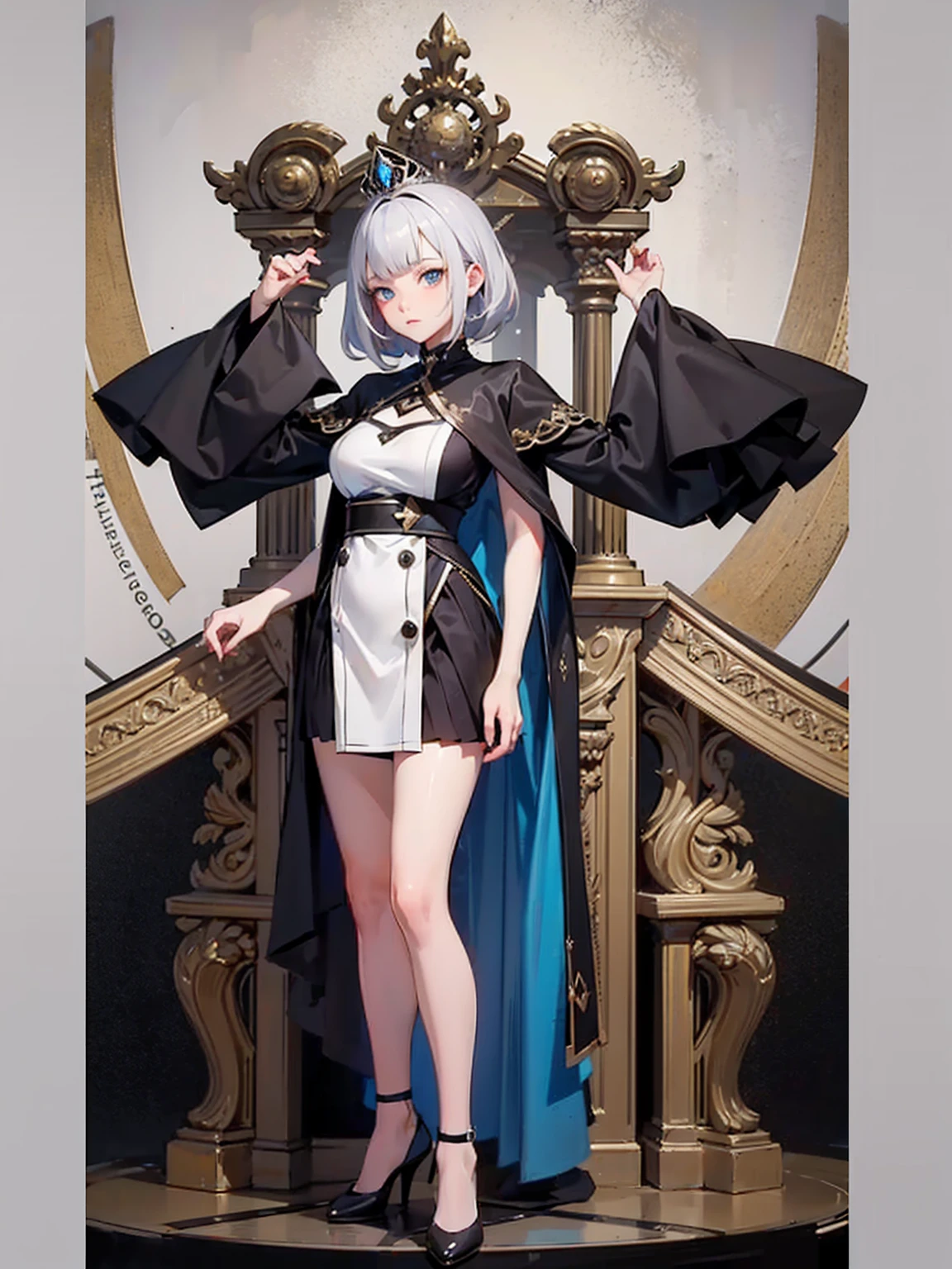 ((masterpiece)), (Highest quality))), (Character design sheet, National costume, same characters, front, ~ side, return), figure, 1 girl, whole body, Silver Hair, eyes hair, Beautiful Eyes, Princess Cut, Environmental change scene, Short skirt, Shyness, woman, girl, Are standing, Goth , VTuber, Chartern Betarola, (simple returnground, white returnground: 1.3) ( masterpiece:1.2), (Highest quality:1.3)