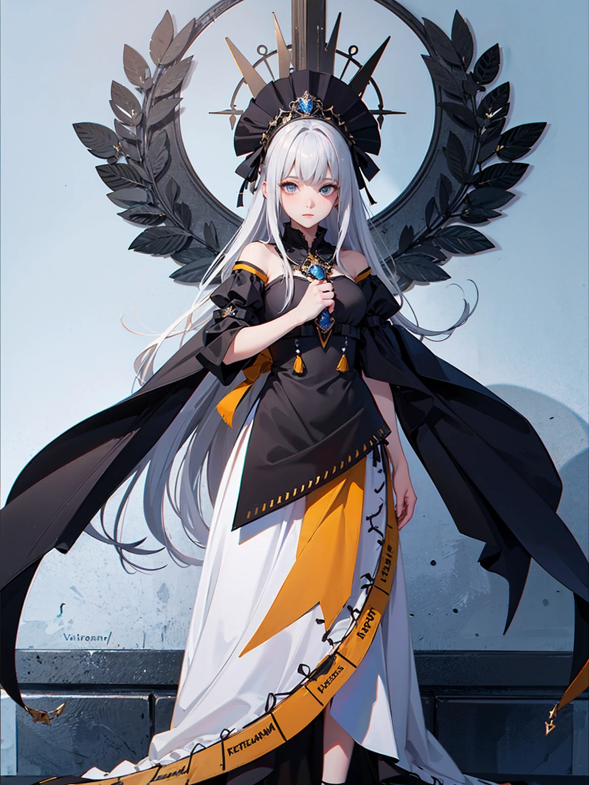 ((masterpiece)), (Highest quality))), (Character design sheet, National costume, same characters, front, ~ side, return), figure, 1 girl, whole body, Silver Hair, eyes hair, Beautiful Eyes, Princess Cut, Environmental change scene, Short skirt, Shyness, woman, girl, Are standing, Goth , VTuber, Chartern Betarola, (simple returnground, white returnground: 1.3) ( masterpiece:1.2), (Highest quality:1.3)