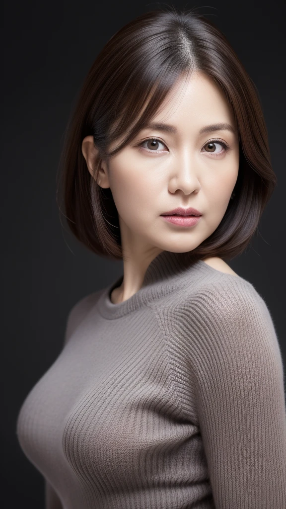 Ultra-high resolution, masterpiece, Rough skin, Very detailed, Photorealistic, Professional Lighting, Written boundary depth, sharp, (Gray background), (Front view：1.2),(Japanese Mature, 45 year old women are sexy), Detailed face, Beautiful Eyes, bangs, Shapely large breasts, Light brown straight hair, Faint lips, (Catch Eye:1.3),((Stand in front、Looking at the audience, Serious face eyes,)), sweater, Theta, Full body photo, Cowboy Shot,