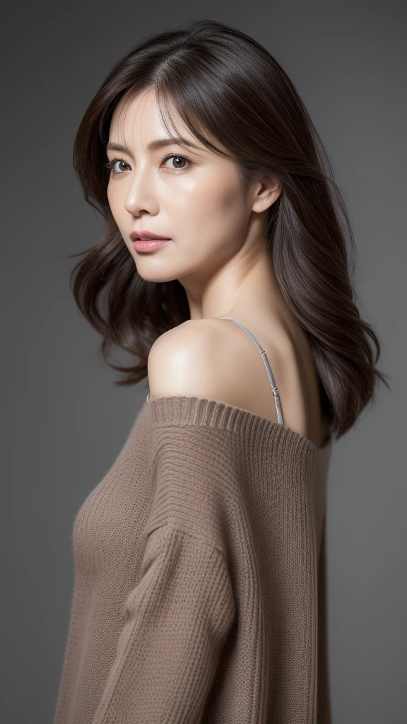 Ultra-high resolution, masterpiece, Rough skin, Very detailed, Photorealistic, Professional Lighting, Written boundary depth, sharp, (Gray background), (Front view:1.2),(Japanese Mature, 45 year old women are sexy), Detailed face, Beautiful Eyes, bangs, Shapely large breasts, Light brown straight hair, Faint lips, (Catch Eye:1.3),((Stand in front、Looking at the audience, Serious face eyes,)), sweater, Theta, Full body photo, Cowboy Shot,