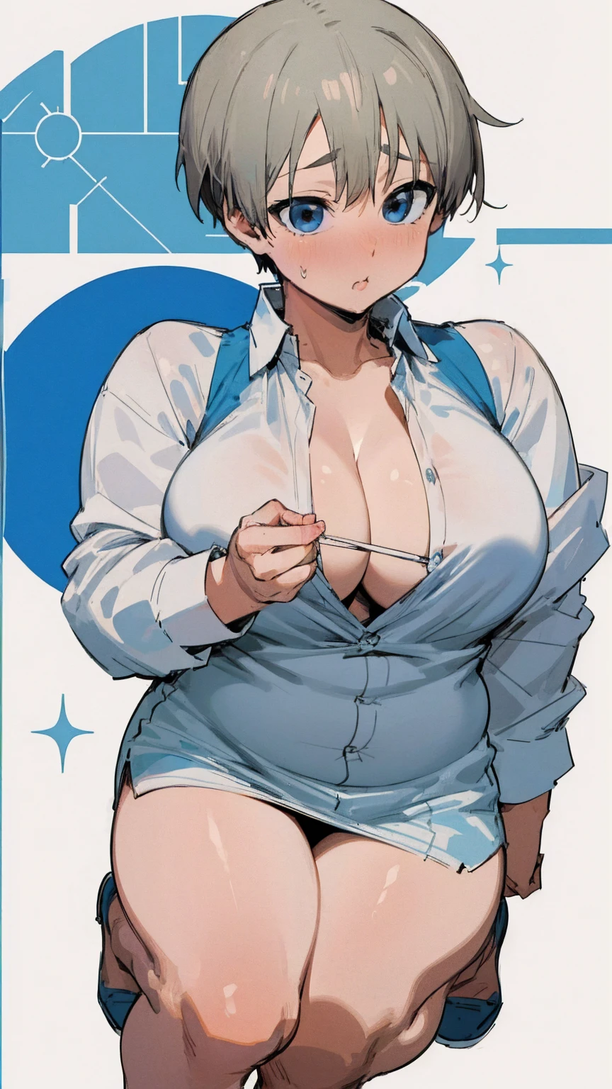 masterpiece, best quality, ultra-detailed, Potrait of beautiful , (chubby) (muscular), (plump), (sexly), (cleavage), ((tomboy)), (アニメ), (???????), (Plump), ((very short hair)), ((Uzaki Hana)), (overweight), (Gray Hair) (Wearing white clothes), ((Saggy ???????)), (blue eyes), (Short Hair), (blue eyes), ((thick)), (one piece), (fullbody)
