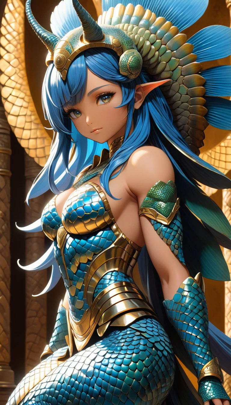 In the realm of breathtaking HD anime art, there stands an enchanting armadillo lizard goddess, striking a pose in her full glory. Her intricately designed body, adorned with delicate armored plates and sinuous lizard scales, gleams under the soft, warm lighting. Her expressive eyes, a captivating shade of azure, are filled with a sense of tranquility and wisdom. Her long, elegant limbs are delicately curved, showcasing her impressive musculature, a testament to her divine power. The goddess's beautiful, detailed features are accentuated by the subtle play of light and shadow, creating a masterpiece that's sure to
