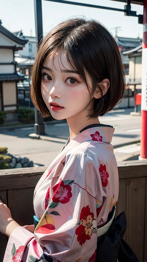 (Highest quality, masterpiece:1.3), shape, ((Beautifully detailed face)), beautifully detailed skin, Intricate details, Very detailed, Best image quality in 8K,(18 year old high school girl:kimono),A Japanese girl,Baby Face,(Detailed Hair,Bobcut:1.4),Detailed lips,Open your mouth,(The whole body is shown),blush,Embarrassing,Realistic Face,Realistic Skin,(Vibrant Skin),Vivid lips,Lip gloss,(Kyoto cityscape)