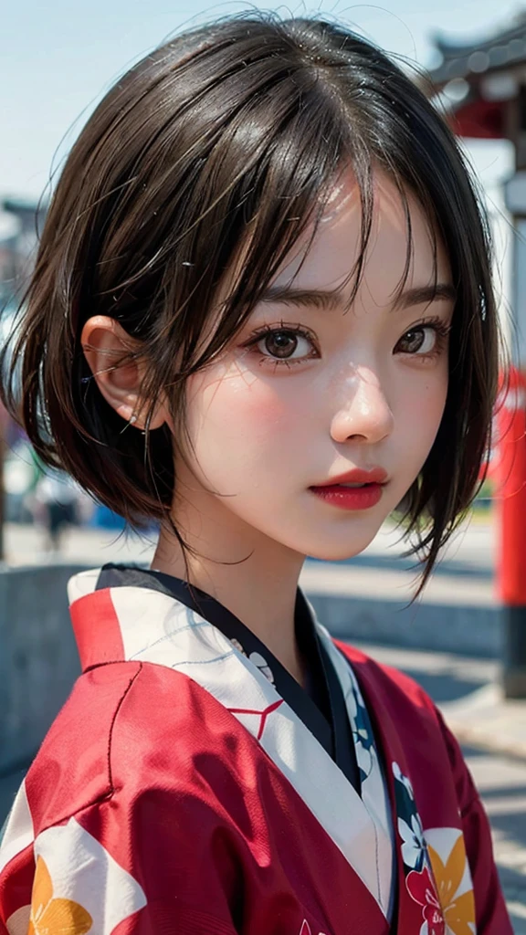 (Highest quality, masterpiece:1.3), shape, ((Beautifully detailed face)), beautifully detailed skin, Intricate details, Very detailed, Best image quality in 8K,(18 year old high school girl:kimono),A Japanese girl,Baby Face,(Detailed Hair,Bobcut:1.4),Detailed lips,Open your mouth,(The whole body is shown),blush,Embarrassing,Realistic Face,Realistic Skin,(Vibrant Skin),Vivid lips,Lip gloss,(Kyoto cityscape)