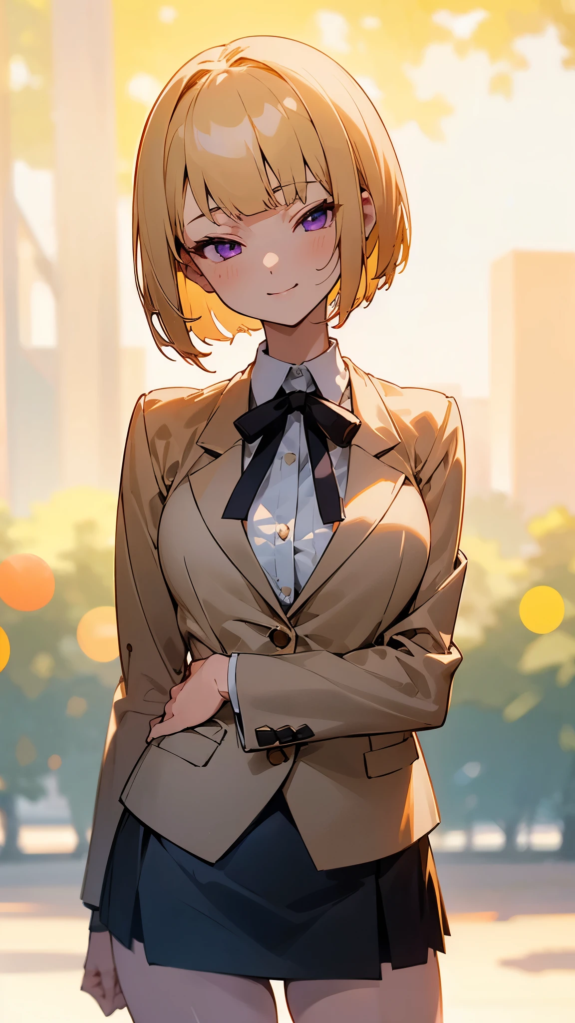 1 Girl、8K、Sharp focus、(Bokeh) (Highest quality) (Detailed skin:1.3) (Intricate details) (anime)、(blonde)、short hair、Bobcut、Blunt bangs、Beautiful purple eyes、Slender body、White shirt、Black mini skirt、Black Fitted Blazer、Side body、Calm face、Mouth closed、Cheeky Smile、Squint your eyes、Park in the background、sunset、Soft lighting.