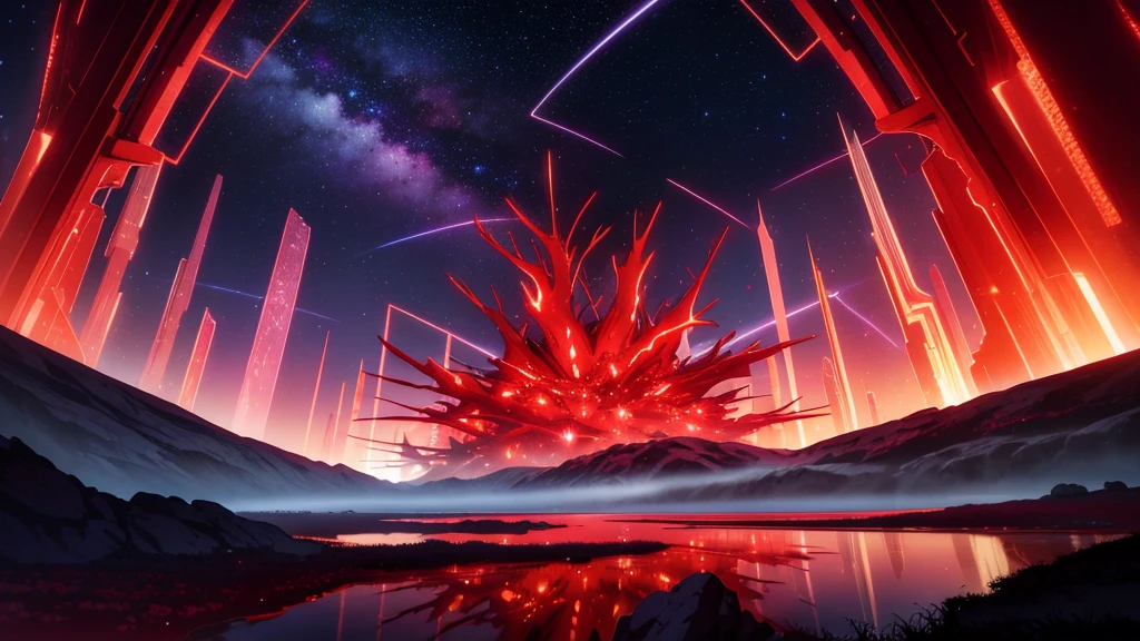 An otherworldly landscape with vibrant red crystal formations, exotic flora that lights up in the twilight, and a star-filled sky of unfamiliar constellations.