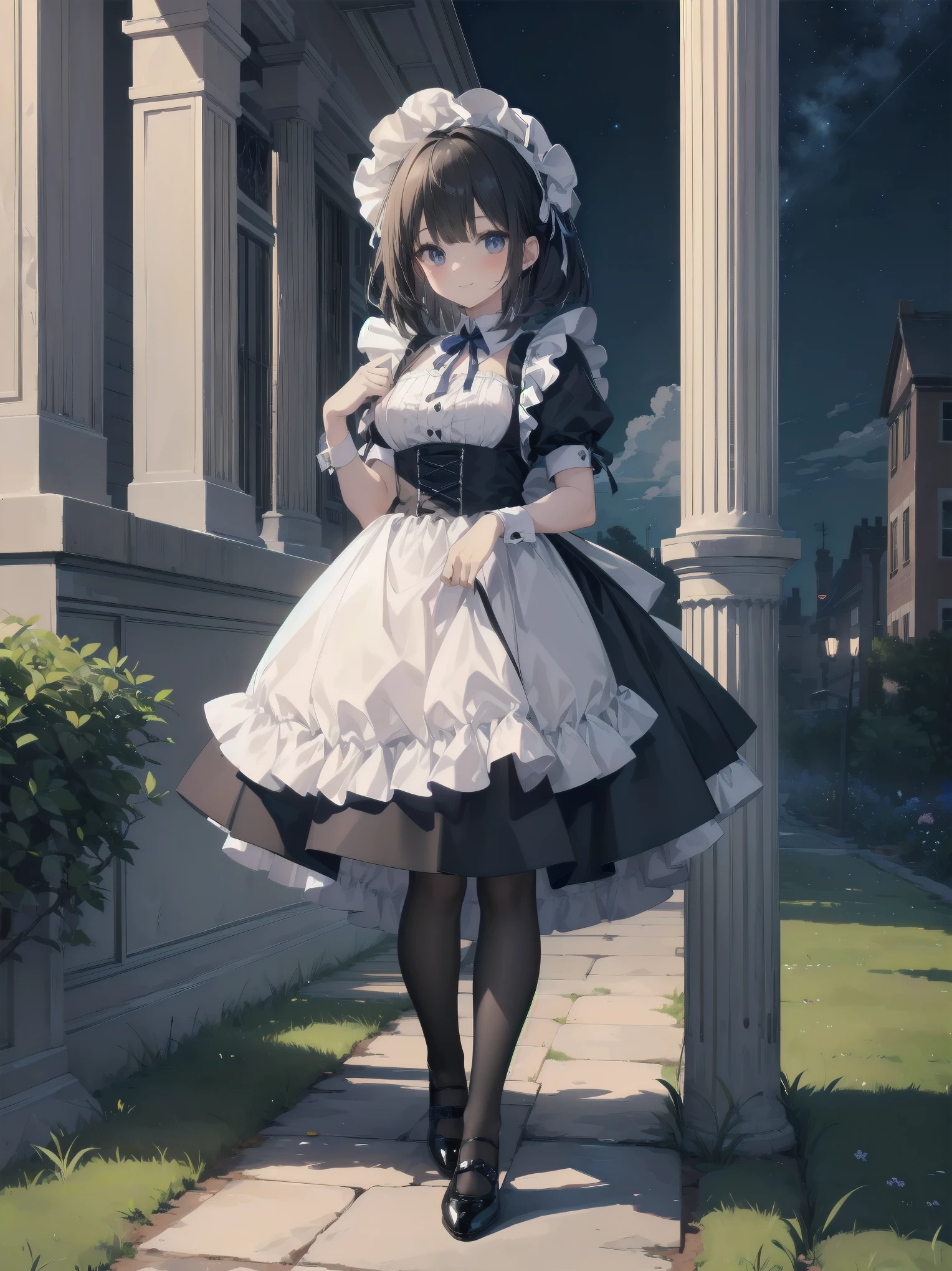 ((Very fine, Very fine CG Unity 8k Wallpaper, High Resolution, Absurd, Beautiful fine details, Very fine hair)), ((Masterpiece)), Outdoors, Sky, Clouds, Grass, ((Beautiful fine details)), Fashionable, One Girl, A  smiling under the stars, a toddler wearing a maid hat with ruby accessories, she is wearing a white and black gothic maid dress with navy blue ribbon. Black stockings, black shoes, cute, super cute toddler maid