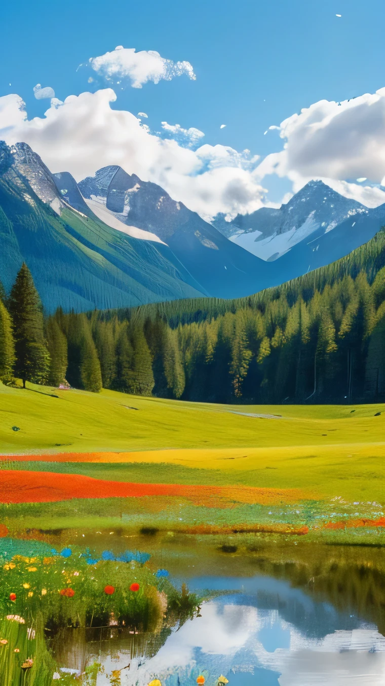 A breathtaking landscape showcasing the beauty of nature. Majestic mountains in the background, lush green forests, a clear blue lake reflecting the sky, and a colorful meadow filled with wildflowers in the foreground. The sky is bright with a few fluffy white clouds, and the sunlight bathes the entire scene in a warm, golden glow.
