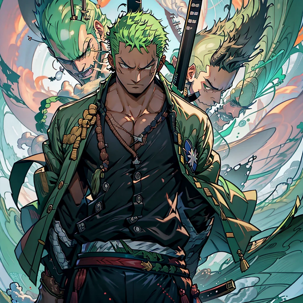 rORONOA Zoro DO ANIME "(ONE PEACE",) standing alone, Looking at Viewer, short hair, long sleeves, 1st grade, GREEN PIRATE suit jacket, upperbody, missiles, male focus, Japanese clothing, green haired, wHater, WAVES, from sideways, scar on left eye, scabbard, scar on the face, Emscabbarddos, (slicked back hair)