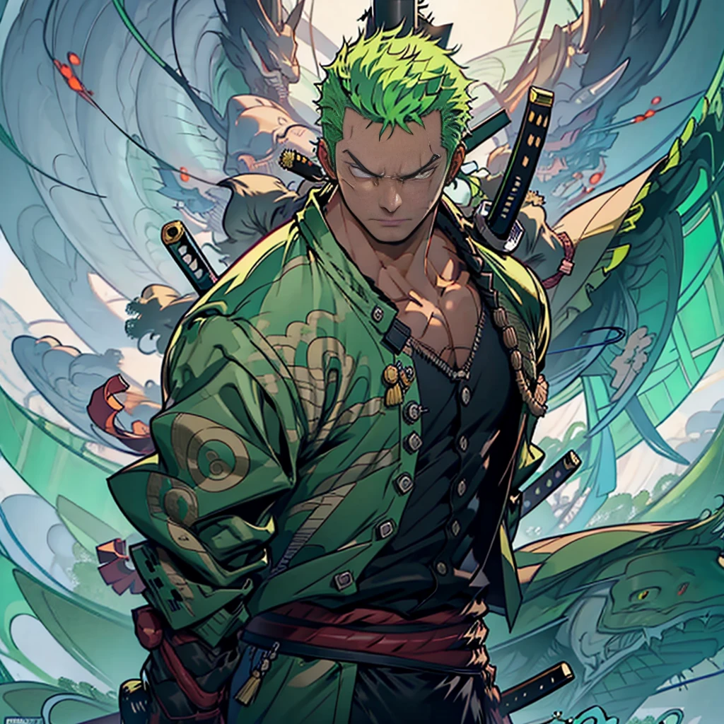 rORONOA Zoro DO ANIME "(ONE PEACE",) standing alone, Looking at Viewer, short hair, long sleeves, 1st grade, GREEN PIRATE suit jacket, upperbody, missiles, male focus, Japanese clothing, green haired, wHater, WAVES, from sideways, scar on left eye, scabbard, scar on the face, Emscabbarddos, (slicked back hair)
