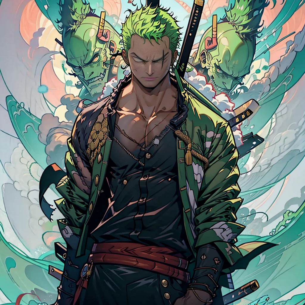 rORONOA Zoro DO ANIME "(ONE PEACE",) standing alone, Looking at Viewer, short hair, long sleeves, 1st grade, GREEN PIRATE suit jacket, upperbody, missiles, male focus, Japanese clothing, green haired, wHater, WAVES, from sideways, scar on left eye, scabbard, scar on the face, Emscabbarddos, (slicked back hair)