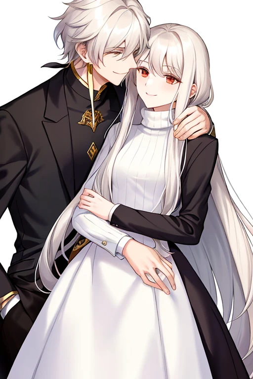 A handsome tall boy, with long white hair who has RED eyes, He wears a very elegant black suit, smiles and hugs a girl lovingly, who has long straight brown hair, with bangs, He has yellow eyes and wears a light brown turtleneck sweater., the girl has white skin 