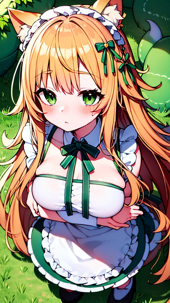 ????, 1girl, (Chiffon from maimai, cosplay), from above, sleeveless, blonde, Cat ears, green eyes, fox tale, blush, nose blush, squatting, (???, peeing), outdoors, (Green maid outfit, Cream white apron),  (best quality, masterpiece,)