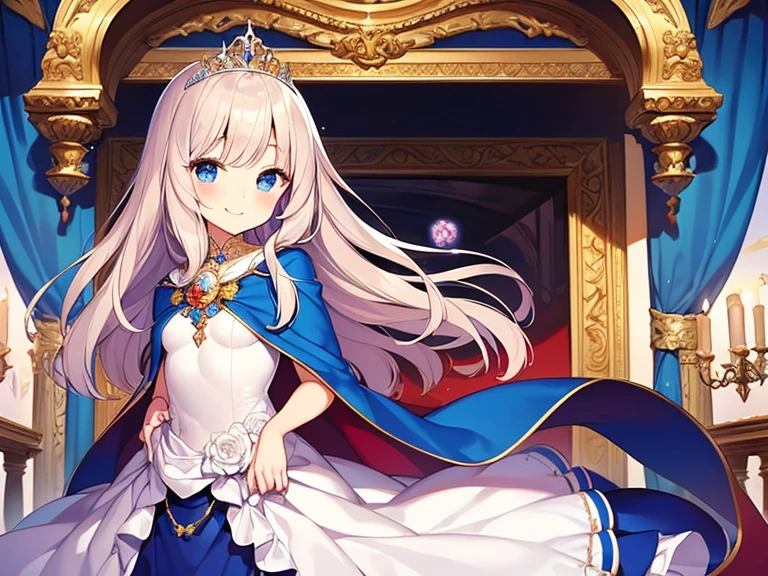looking at viewer,(kawaii),(best quality),(ultra detailed), upper body,(rococo style),(long train blue cape:1.15), very long cape,(long train white ball gown with flower decorations:1.1), a girl is wearing a cape over her gown, 1 little princess, tiara, smile, very long hair, small breasts