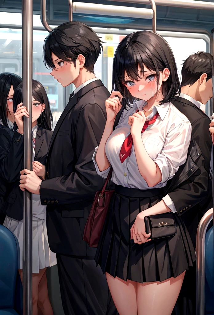 Black Hair　Shortcuts　uniform　crowded train　mini skirt　White panties　Skirt flip　Holding back tears