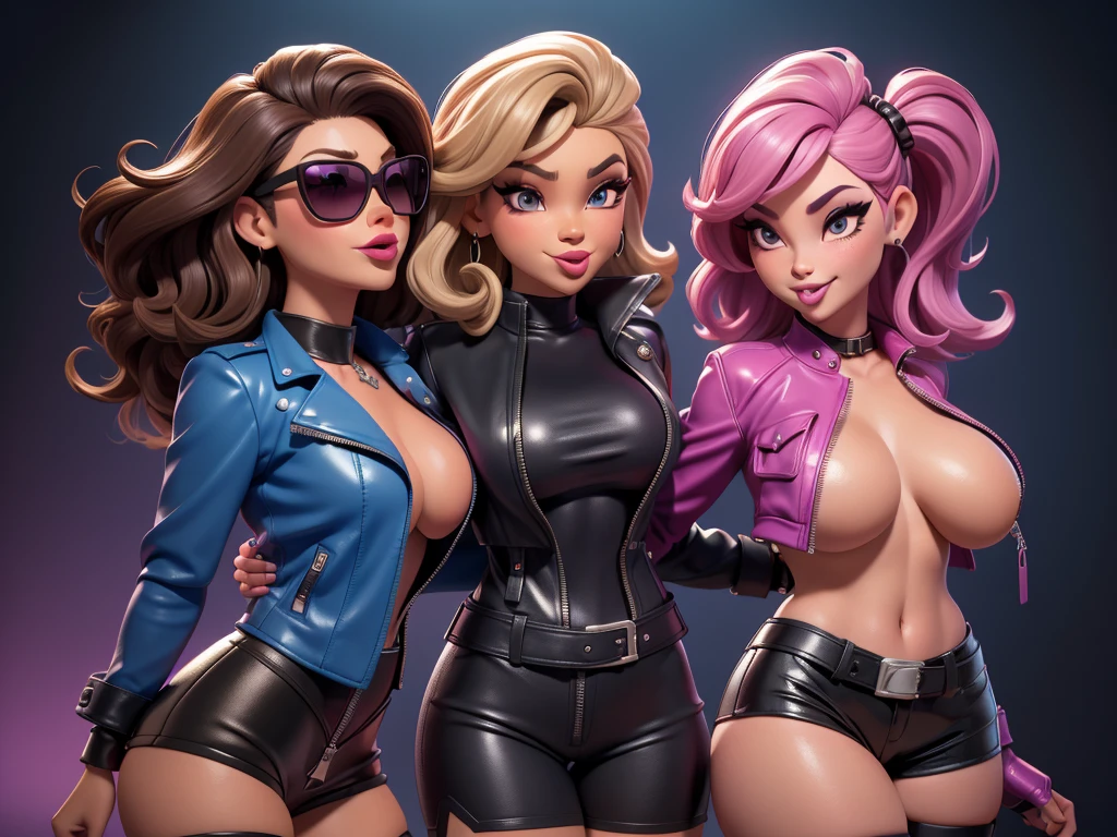 obra prima, melhor qualidade, ((sandra oh, tan skin, short wavy hair,)) head back, sassy wicked sultry, open mouth, pucker mouth, big teeth smile, shiny periwinkle lipstick, sunglasses, ((thick smoky black eye shadow, long fake eyelashes, sticking tongue out,)) (cerulean blue leather jacket with puff shoulder,) biker jacket has stiff collar, leather blouse, ((magenta pvc shorts, pockets, unzipped front,)) studs zippers snaps, shiny leather gloves, nip slip, body is skinny, laying down hugging each other on sofa, shiny tight buttocks, arched back, mashing breasts, ((passionate kissing, pelvis grinding,)) camera view of whole body, looking up at me, shallow depth of field, highres, HD, 8k, anatomically correct