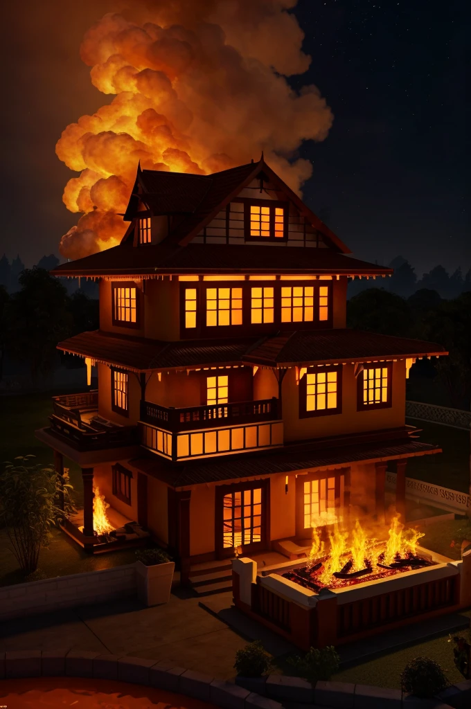 Initial fire scene:"A traditional Indian home engulfed in flames at night, smoke billowing out from windows, the fire illuminating the surroundings with an orange glow 3d characters 3d animation