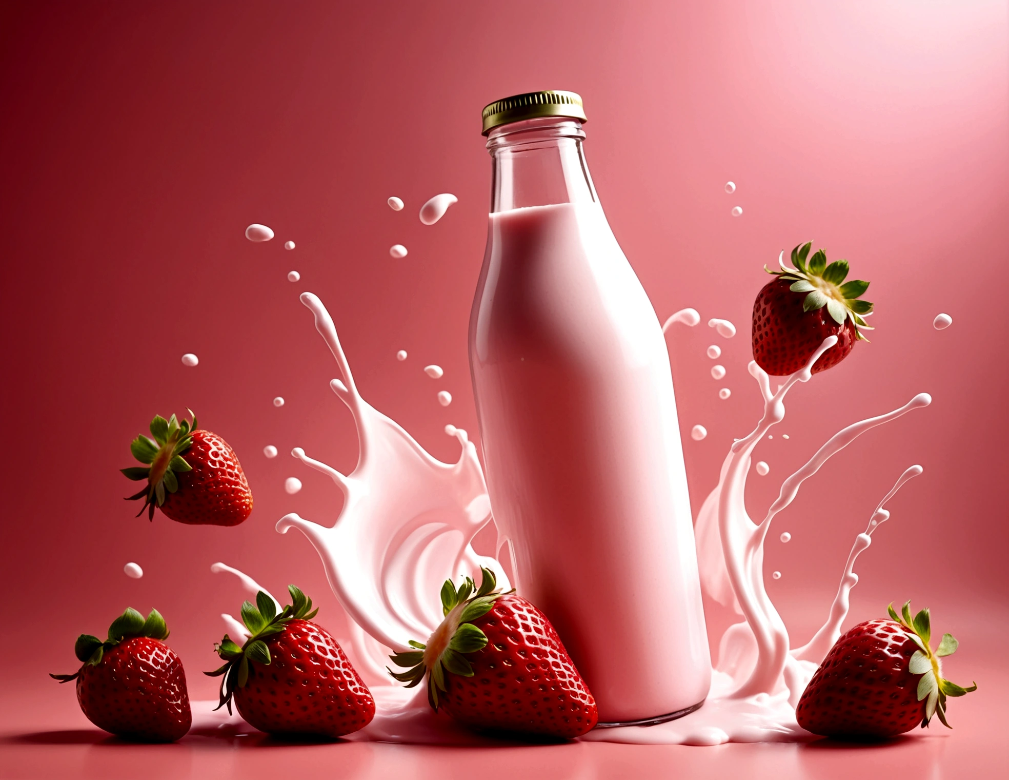 strawberry milk bottle, strawberries flying around. design