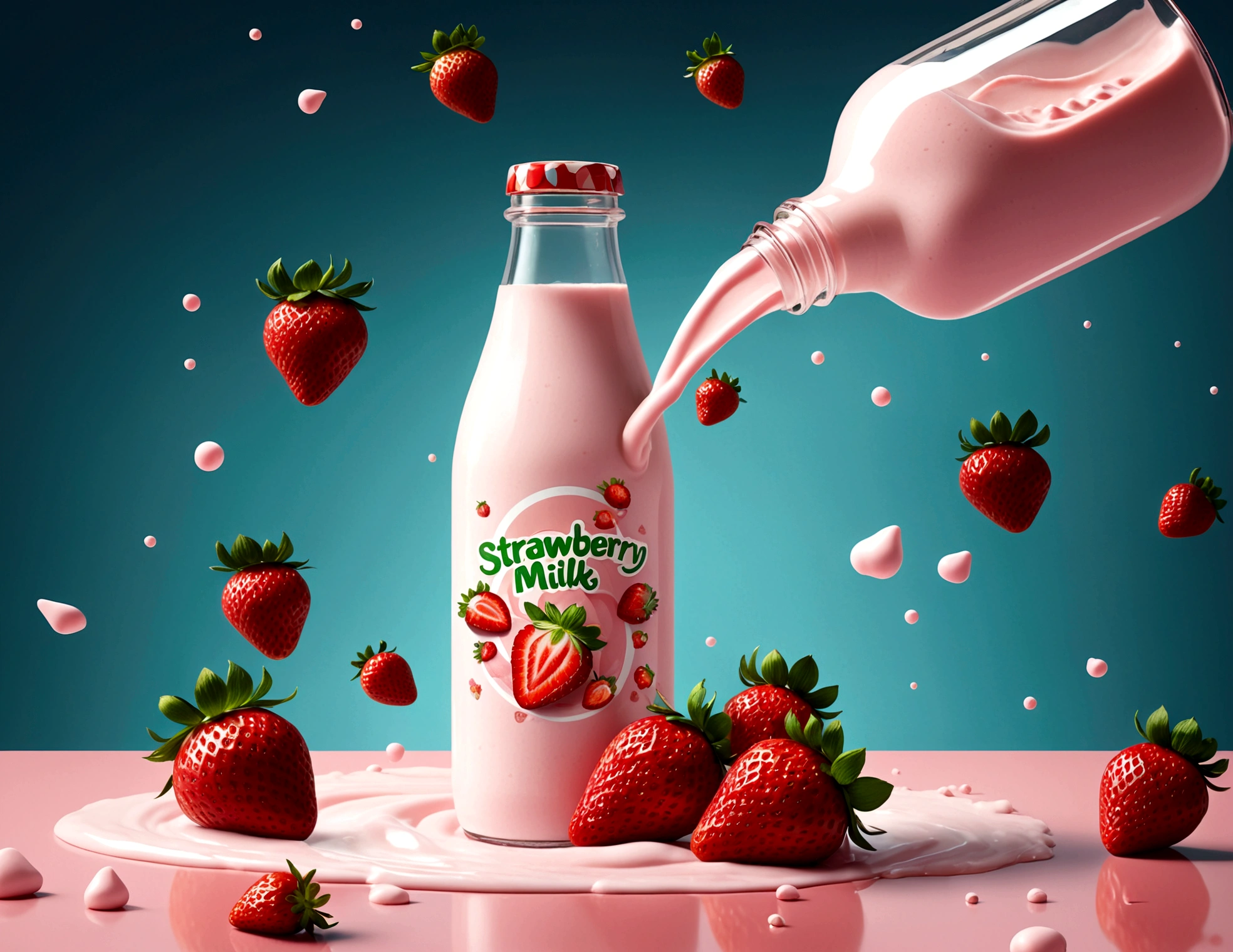 strawberry milk bottle, strawberries flying around. design