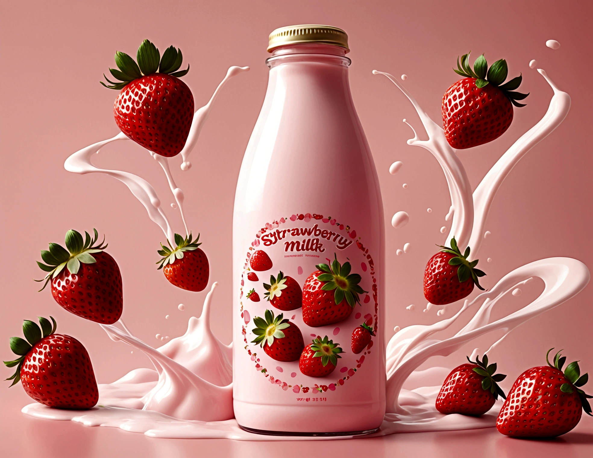 strawberry milk bottle, strawberries flying around. design