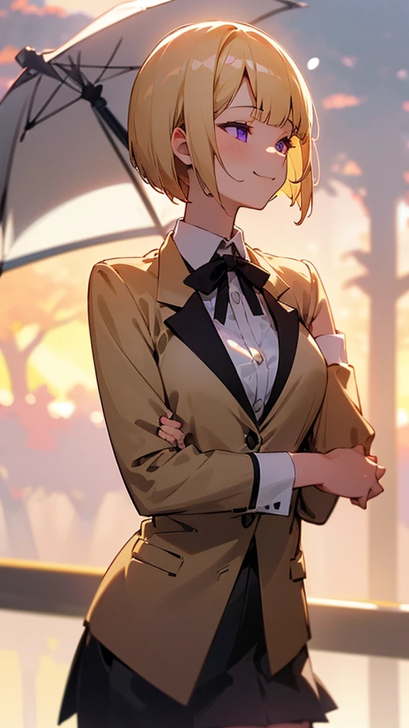 1 Girl、8K、Sharp focus、(Bokeh) (Highest quality) (Detailed skin:1.3) (Intricate details) (anime)、(blonde)、short hair、Bobcut、Blunt bangs、Beautiful purple eyes、Slender body、White shirt、Black mini skirt、Black Fitted Blazer、profile、Calm face、Mouth closed、Cheeky Smile、Squint your eyes、Park in the background、sunset、Soft lighting.